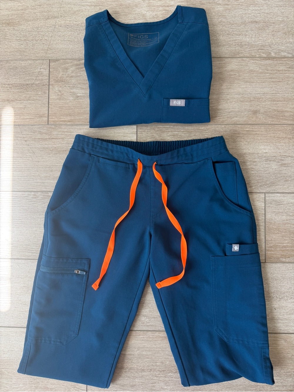 Figs Navy Scrub Set with Orange Drawstring